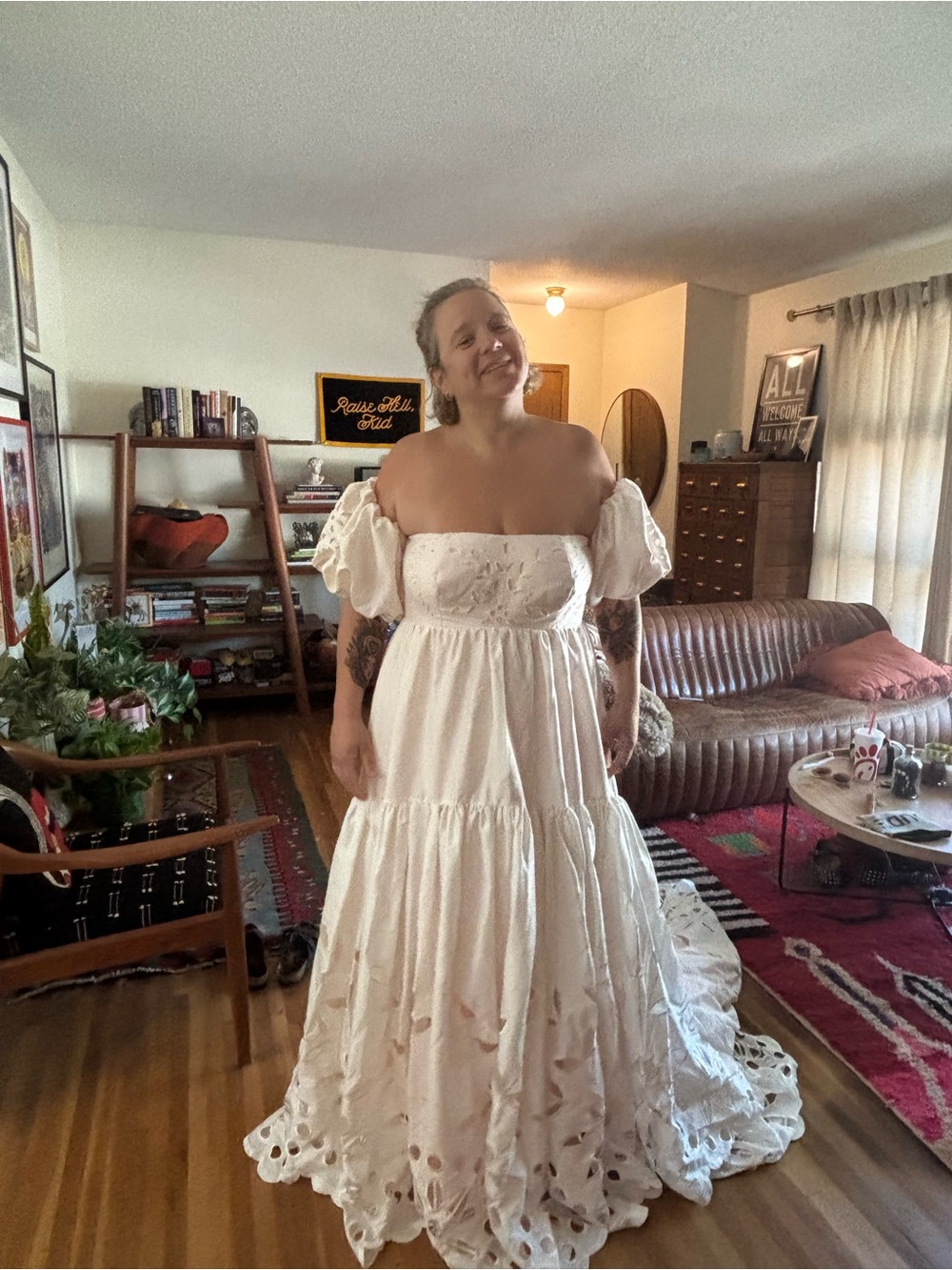 Puff-Sleeve White Eyelet Bridal Gown by BHLDM